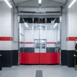 Red and clear vinyl curtain system creating a contained decontamination lane inside a fire station bay
