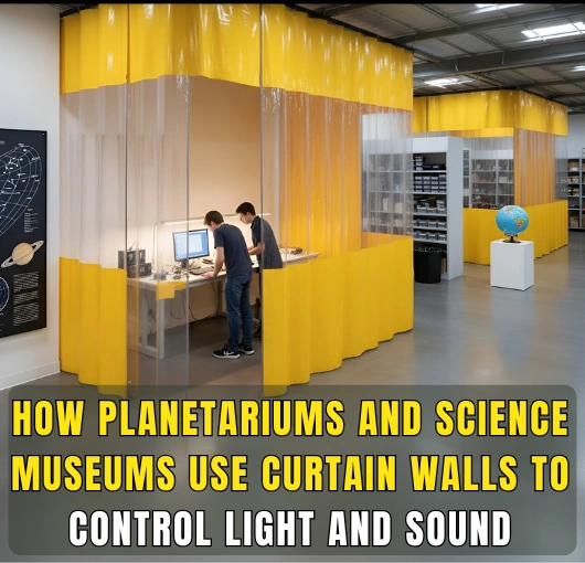 Researchers working behind yellow and clear vinyl curtain walls in a science museum laboratory, demonstrating how curtain walls control light and sound