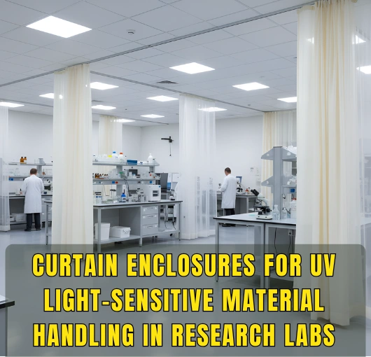 Researchers working inside a UV isolation curtain lab setup with light-blocking fabric enclosures for sensitive material handling