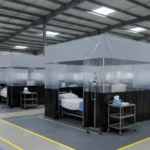 Temporary medical bays with semi-transparent gray curtain walls, illustrating flexible modular zones for triage or emergency response