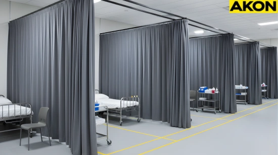 Temporary medical facility with gray modular curtain walls separating patient beds, creating private treatment zones for emergency or triage use