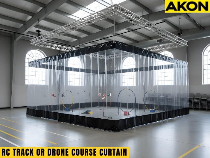 Transparent and black modular curtain RCdrone course – “Indoor RCdrone course with clear upper panels and black lower modular curtain walls, creating a fully visible yet safe track in a warehouse.”
