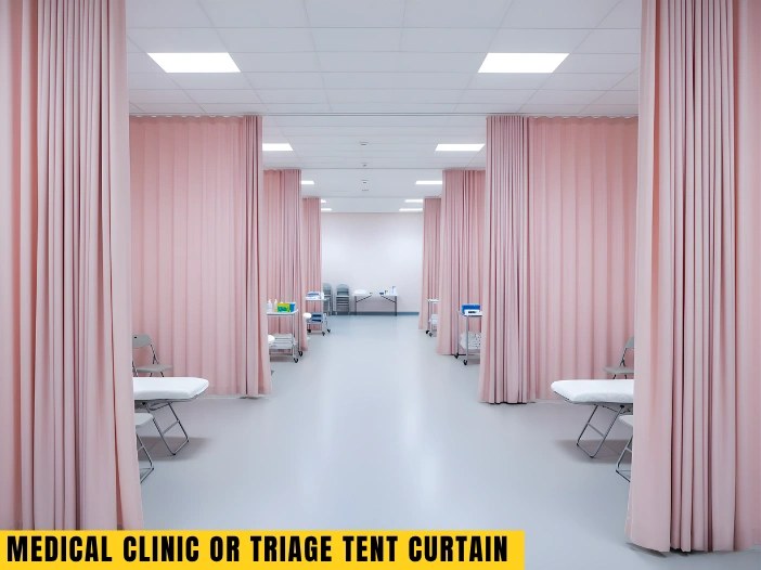 Triage tent with pink curtain walls separating patient beds, demonstrating modular partitions for privacy and workflow efficiency