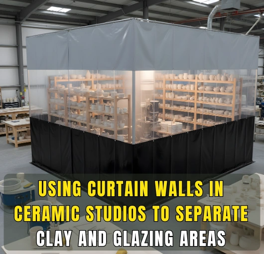 Vinyl curtain enclosure used to separate clay and glazing areas in a pottery studio for better dust control and workflow organization