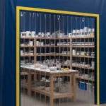 Vinyl curtain room with clear strip door creating a dedicated glazing area inside a pottery studio