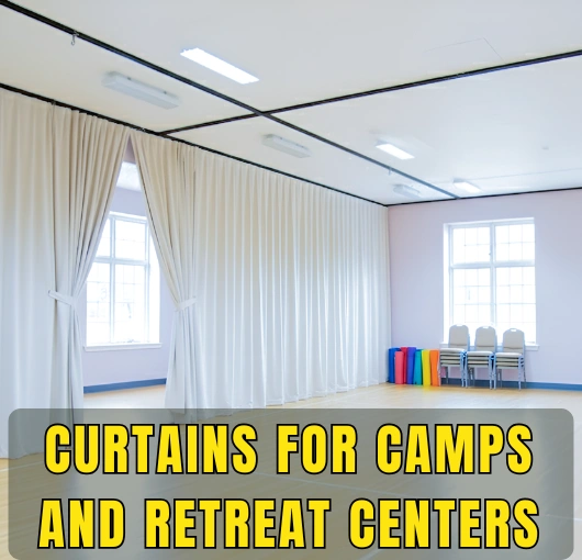 White Curtains for Camps and Retreat Centers dividing a large, bright multipurpose room with wooden floors and windows