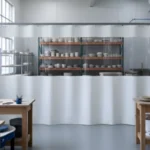 White and clear vinyl curtain divider separating glazing shelves from clay-working tables in a bright ceramic studio