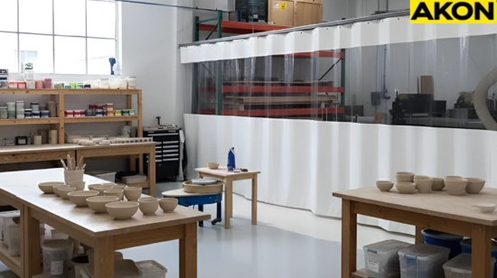 White and clear vinyl curtain divider separating glazing shelves from clay-working tables in a bright ceramic studio