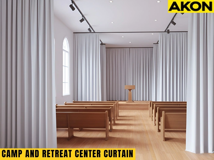 White divider curtains creating sections in a chapel or retreat worship area with wooden seating.