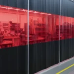 Beige and clear vinyl curtain wall dividing the glazing zone from pottery wheels and worktables in a ceramic classroom