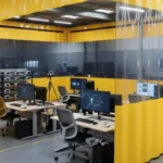 Yellow and clear industrial curtain walls forming a structured VR training area in a warehouse setting