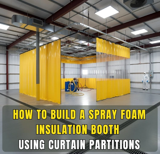 Yellow curtain partition system used to build a spray foam insulation booth in a warehouse
