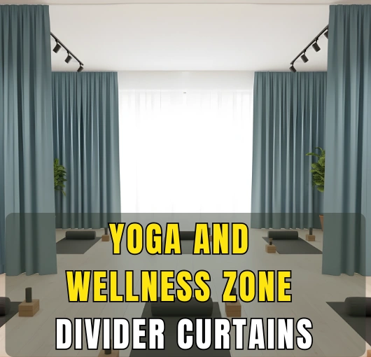 Yoga & Wellness Zone Divider Curtains creating private zones in a spacious yoga studio with calming neutral colors