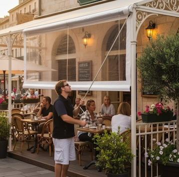 Hand-crank roll-up clear patio curtain provides weather protection and visibility.