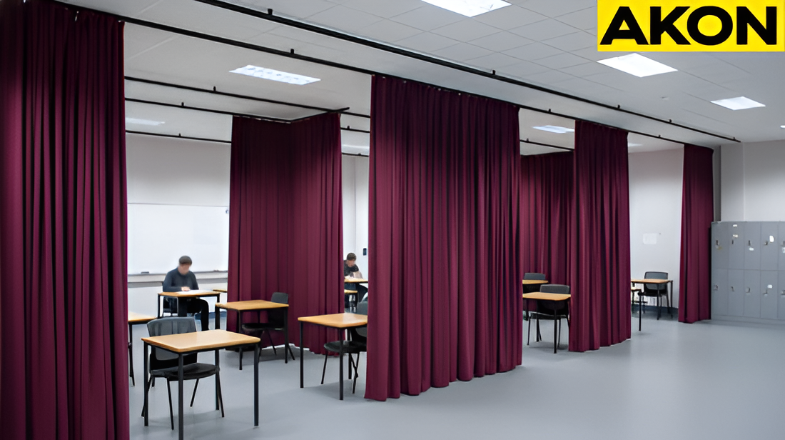 Academic testing room with burgundy curtains creating individual student exam stations