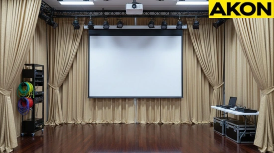 Beige curtains concealing AV equipment behind a presentation stage