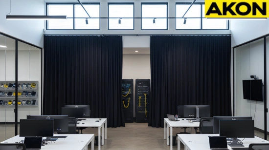 Black curtains hiding network servers in an open office workspace