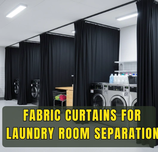Black fabric curtains creating visual separation in a commercial laundry room