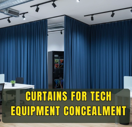 Blue curtains concealing network servers and cable management in an office