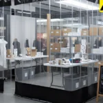 Bright fabric curtain walls dividing inventory storage from the customer-facing floor in a pop-up shop