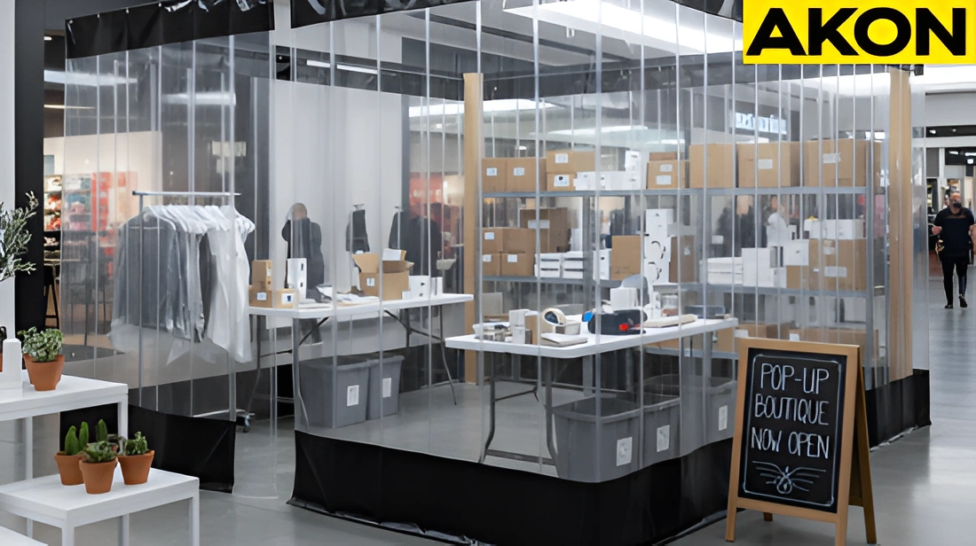 Bright fabric curtain walls dividing inventory storage from the customer-facing floor in a pop-up shop
