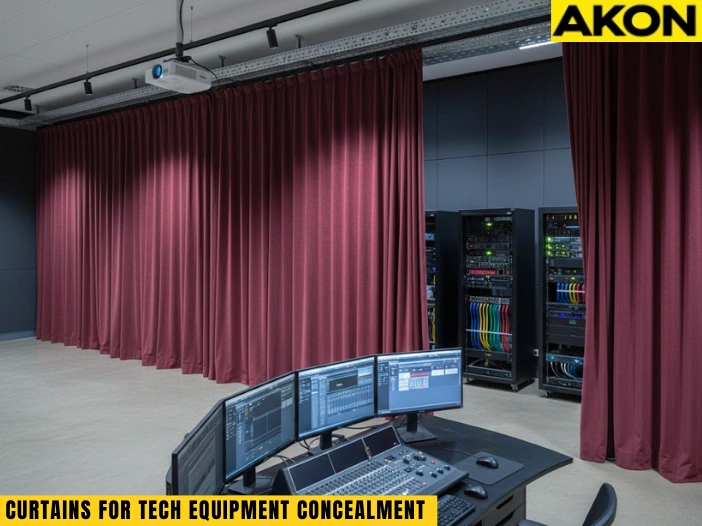 Burgundy curtains concealing server racks and AV equipment in a control room