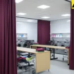 Burgundy fabric curtains hiding a guest-facing laundry room in a hospitality space