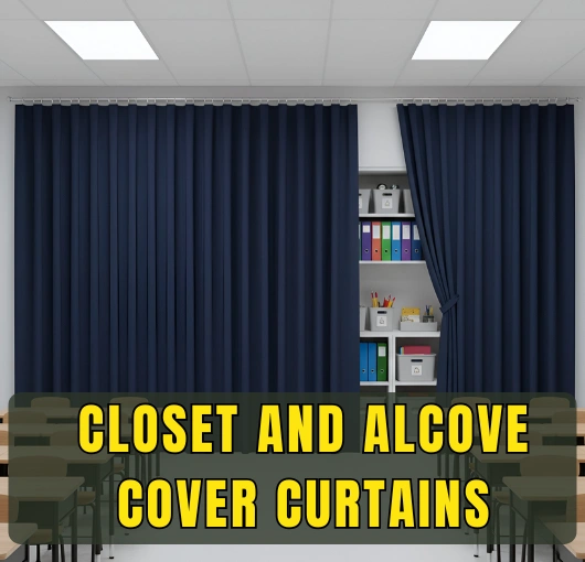 Classroom shelving concealed with closet and alcove cover curtains for a clean look