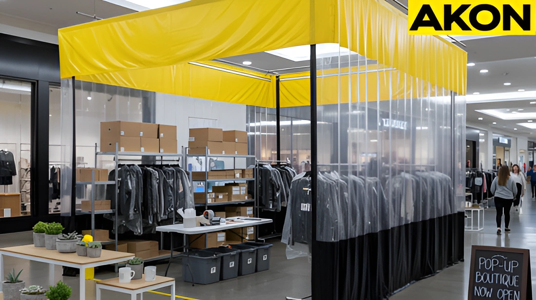 Clear vinyl curtain enclosure separating backstock and staff staging area from shoppers in a pop-up boutique