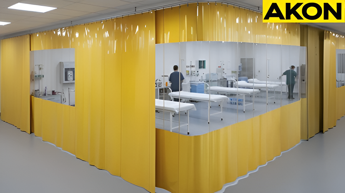 Clear vinyl curtain walls enclosing a temporary medical testing and screening areas