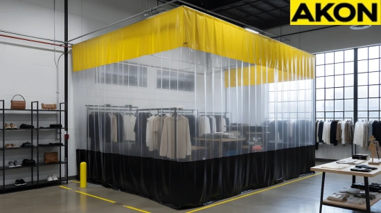 Clear vinyl industrial curtain wall used to separate retail inventory in a loft-style showroom