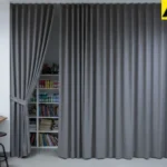 Creative workspace storage concealed with gray closet and alcove cover curtains