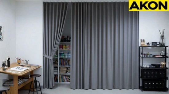 Creative workspace storage concealed with gray closet and alcove cover curtains