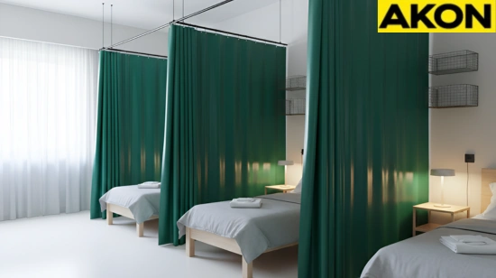 Curtain dividers separating multiple beds in a shared housing facility