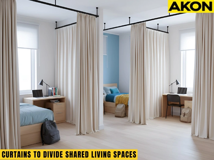 Curtains dividing a shared dorm room into separate sleeping and study areas