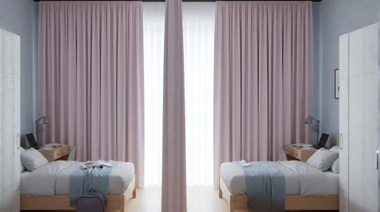 Curtains separating two beds in a shared bedroom for added privacy