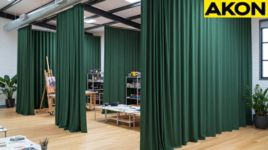 Dark fabric loft divider curtains organizing a creative studio with exposed ceilings and open layout