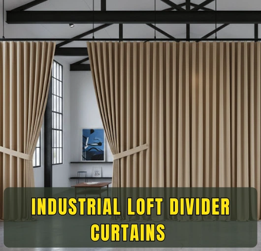 Extra-large fabric divider curtains adding privacy and visual softness to an industrial loft interior
