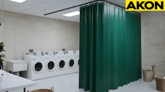 Fabric curtains dividing individual laundry stations in a residential building