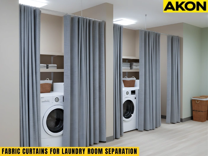 Fabric curtains used to separate a shared laundry room in a hospitality setting