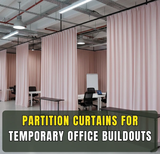 Fabric partition curtains creating private areas in a shared office buildout