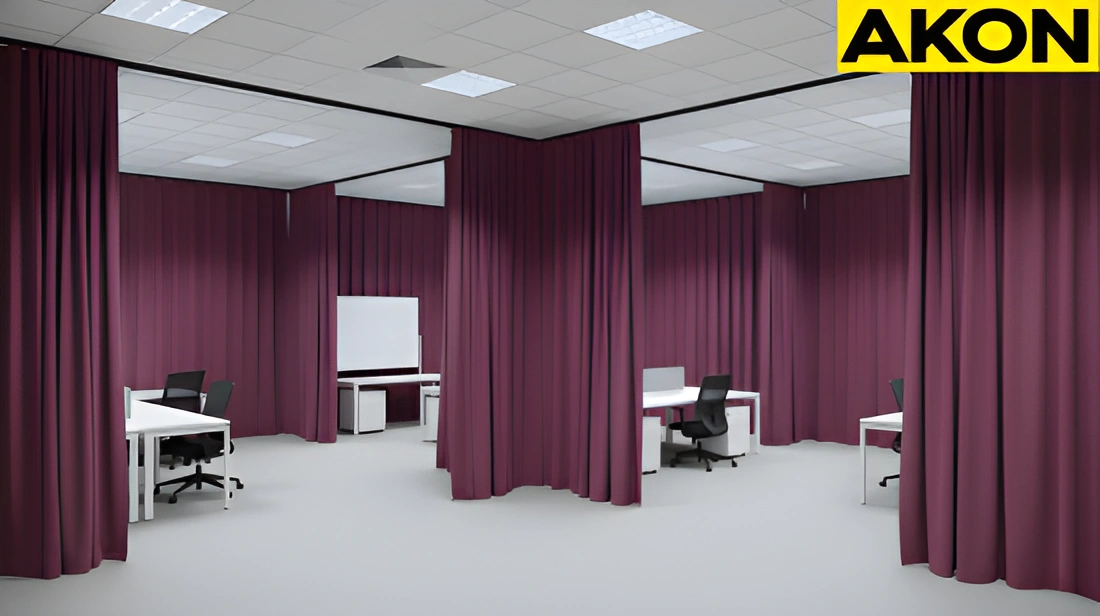 Fabric partition curtains dividing desks in a temporary office environment