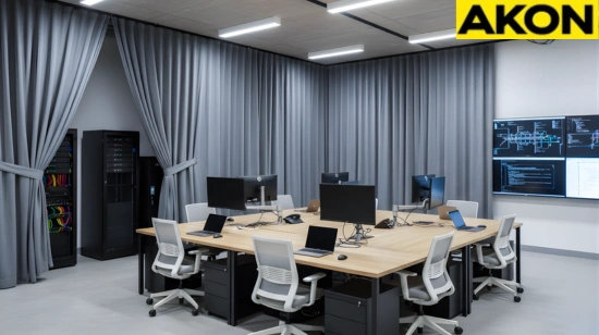 Gray curtains concealing AV equipment in a modern conference room