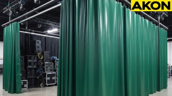Green commercial curtains hiding AV equipment and cables in an event venue