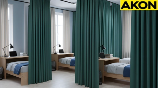 Green curtains dividing shared dorm beds into private sleeping areas