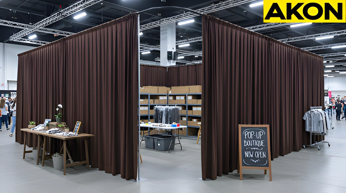 Heavy fabric curtains fully enclosing a staff-only staging zone at a pop-up retail event