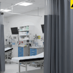 Clear vinyl curtain walls enclosing a temporary medical testing and screening areas