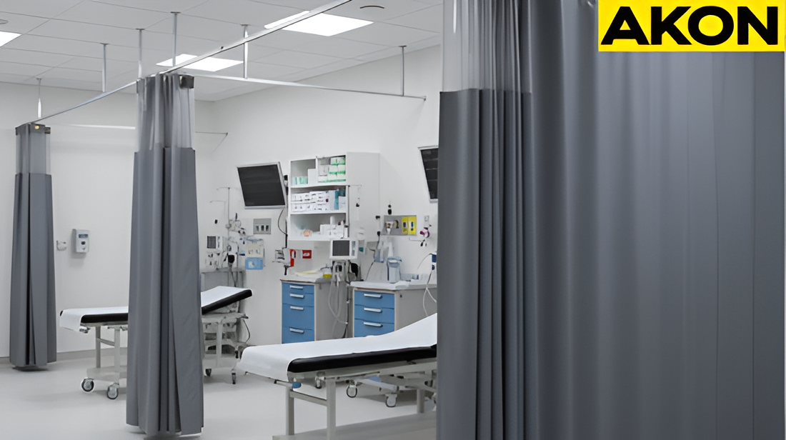 Clear vinyl curtain walls enclosing a temporary medical testing and screening areas