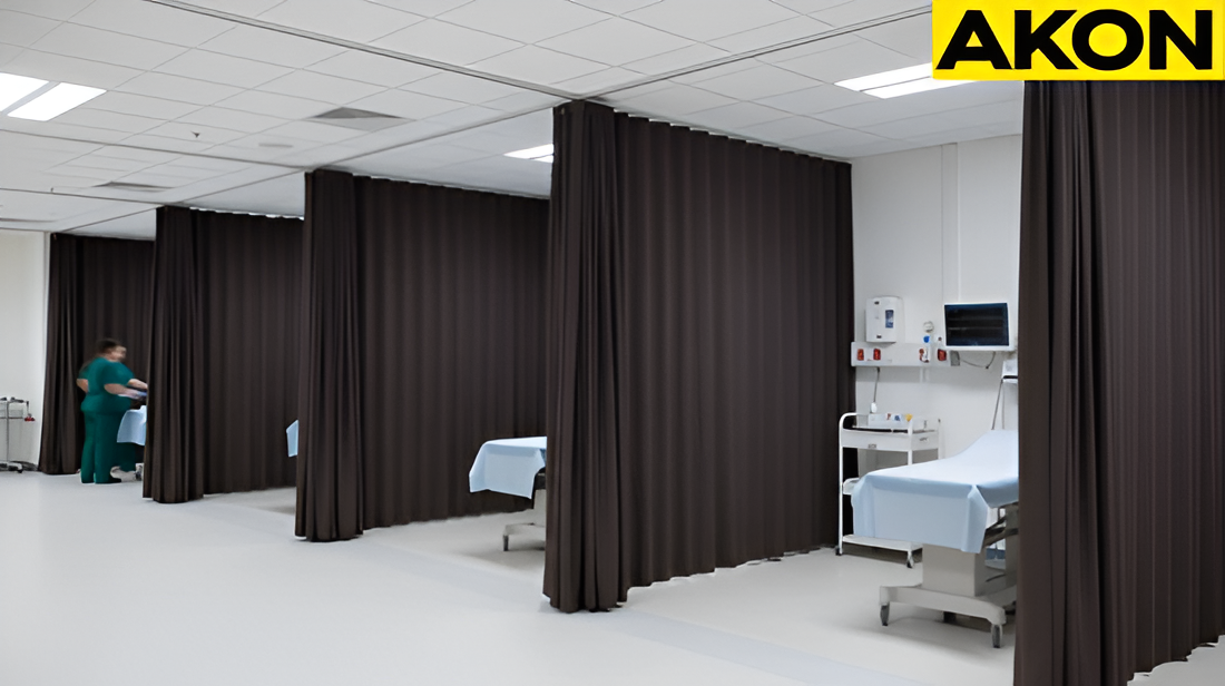 Clear vinyl curtain walls enclosing a temporary medical testing and screening areas