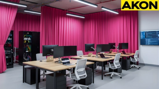 Pink fabric curtains hiding server racks in a technical control room
